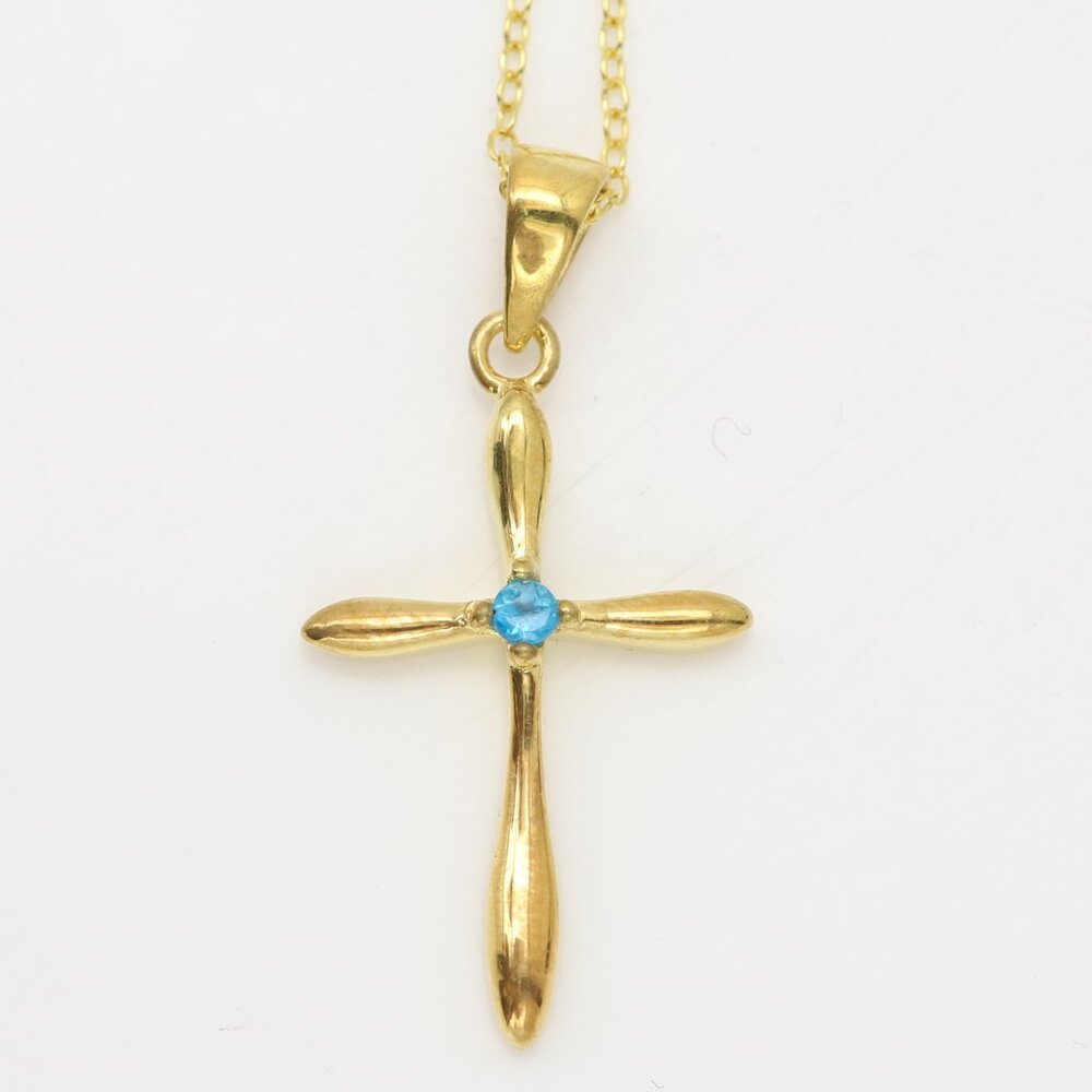 Silver Cross Natural Blue Apatite stone Cross Pendant plated with 14k gold